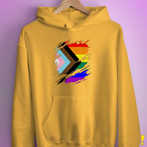 LGBTQ Progress Pride Flag Ripped Reveal Hoodie - Mustard